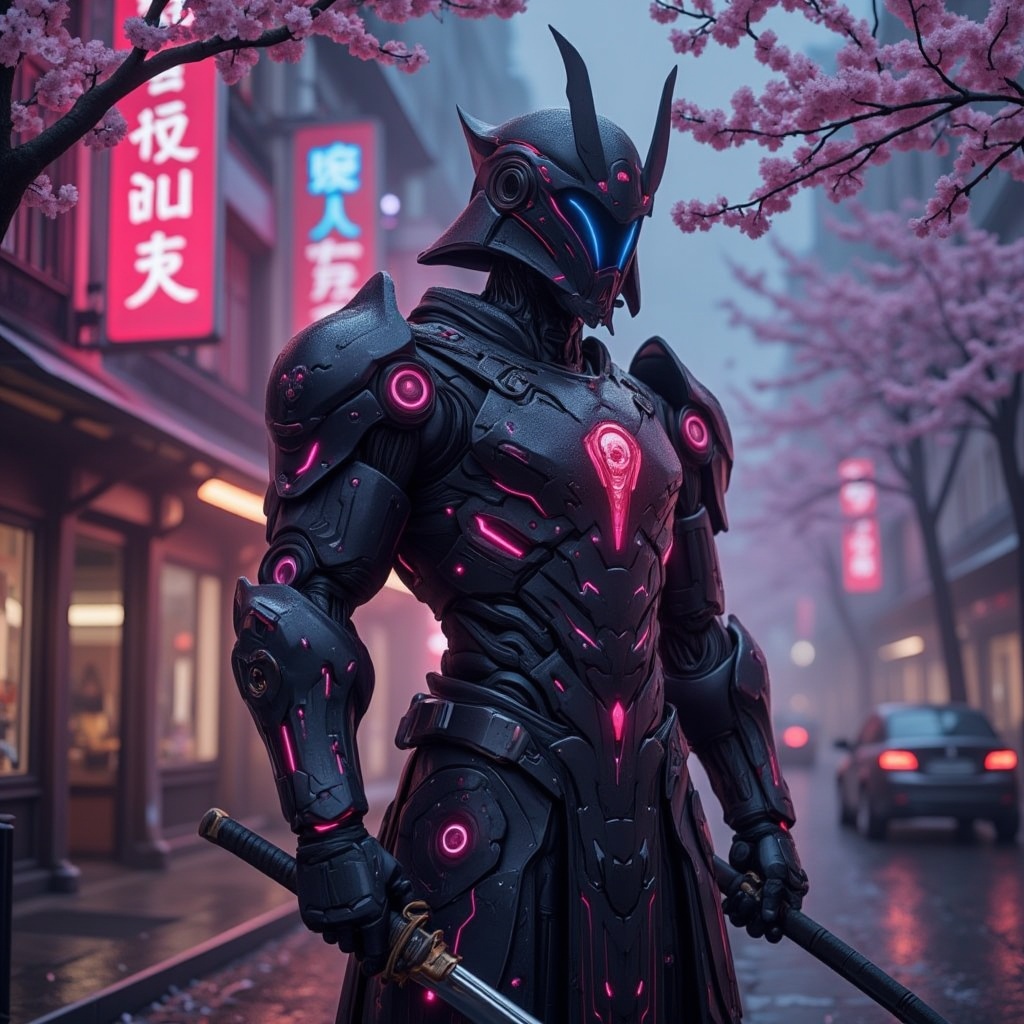 Design a cyborg warrior inspired by traditional samurai,  set in a neon-lit version of Japan. The cyborg wears futuristic...