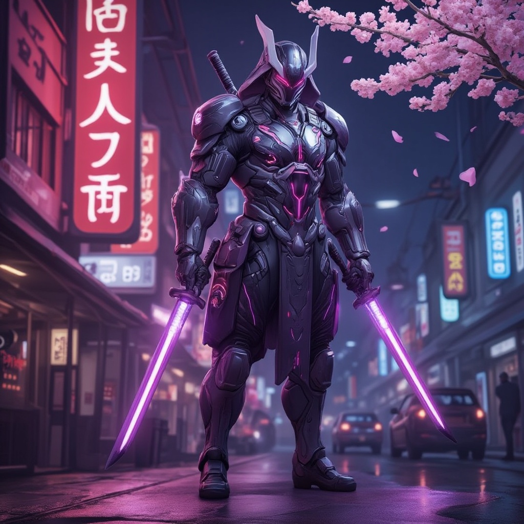 Design a cyborg warrior inspired by traditional samurai,  set in a neon-lit version of Japan. The cyborg wears futuristic...