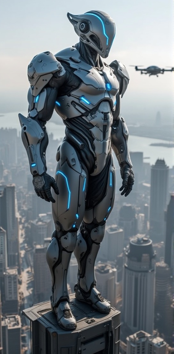 Create a futuristic cityscape where a powerful cyborg stands on top of a skyscraper,  overseeing the city below. The cybor...