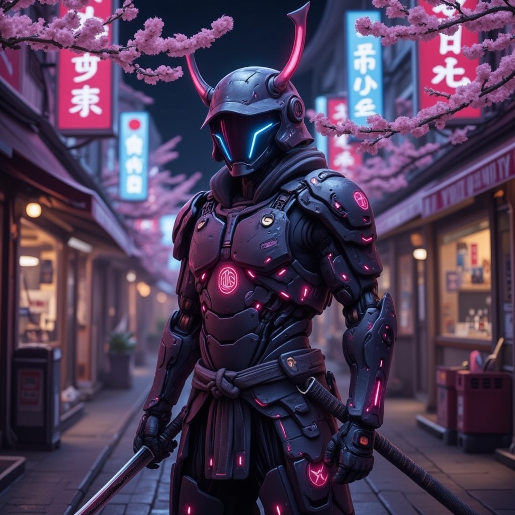Design a cyborg warrior inspired by traditional samurai,  set in a neon-lit version of Japan. The cyborg wears futuristic...