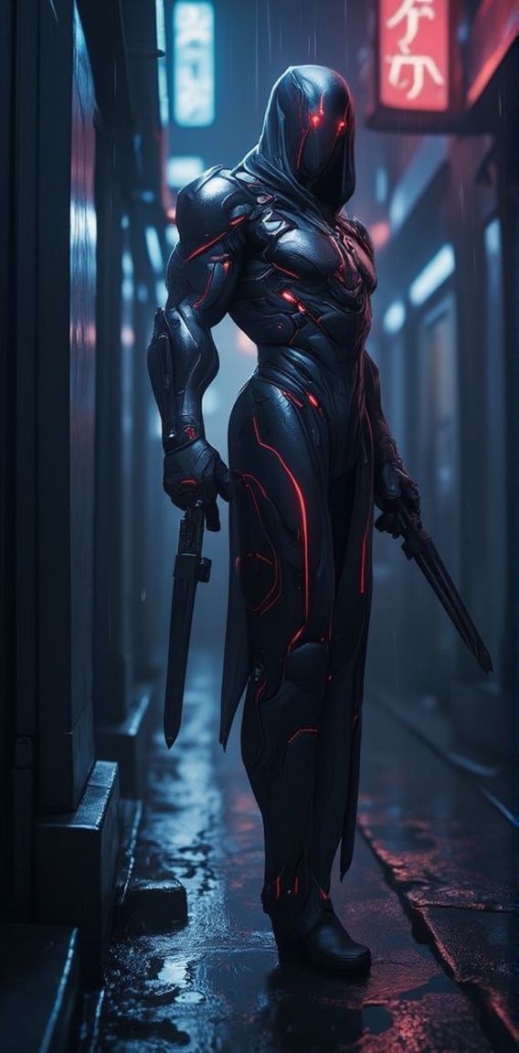 Depict a sleek,  stealthy cyborg assassin standing in a shadowy alleyway,  rain pouring down and neon lights reflecting on...