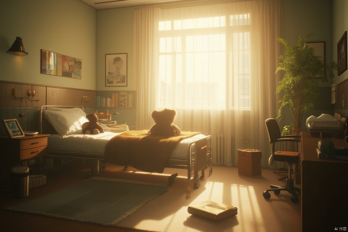 A serene indoor scene: A cozy bedroom with a plush carpeted floor and soft, white curtains framing the large window. On the bedside table, a stuffed teddy bear sits beside a worn book. A pillow adorns the hospital-style bed, where a stuffed animal lies propped against the headrest. In the corner, a desk holds a small trash can and a shelf lined with books, while a chair stands idle nearby. The warm sunlight streaming through the window highlights the plant's lush greenery, casting a peaceful ambiance over the tranquil setting.