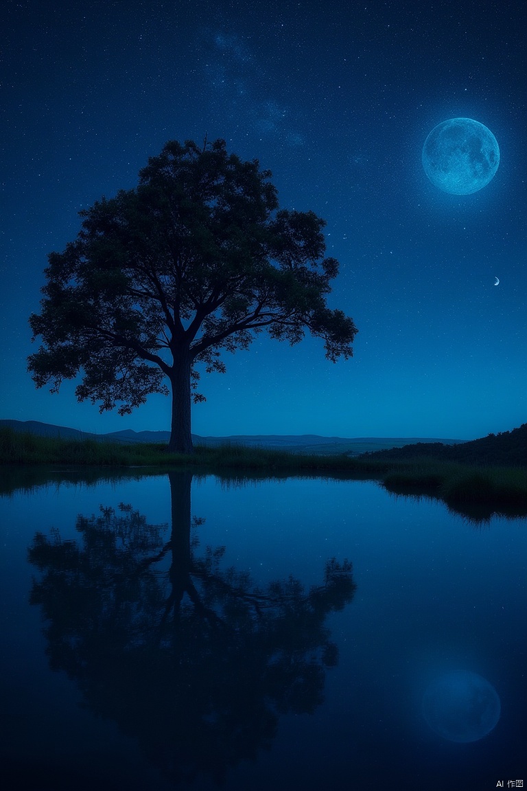 A serene outdoor setting at dusk, with the vast night sky above. The star-studded celestial canvas is reflected perfectly in the calm, dark water below, creating a stunning symmetry. A majestic tree stands tall, its branches stretching towards the moon, while distant planets twinkle like diamonds against the inky blackness. The scene is framed with a wide-angle shot, capturing the expansive sky and reflective water. The lighting is soft and cool, emphasizing the contrast between the dark water and the luminous stars. The composition is centered around the tree, with the moon and planets adding depth and wonder to the scene.