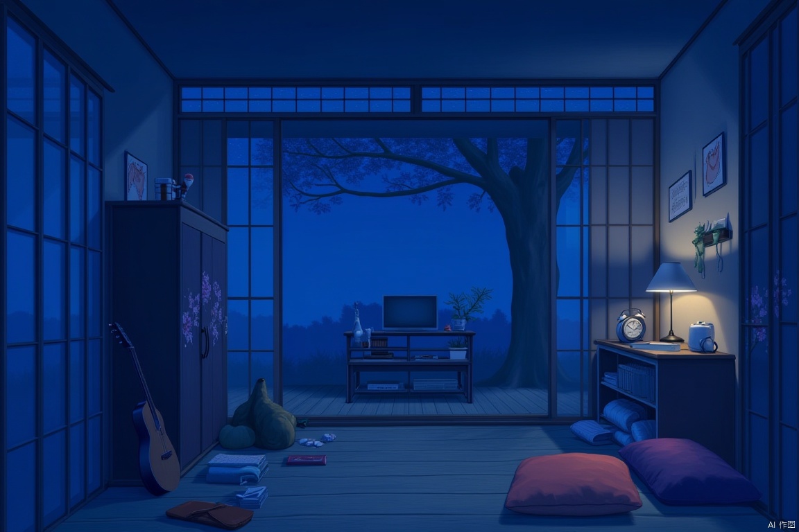 A quiet evening indoors, the soft glow of a lamp illuminates a serene scene. A tree stands tall near the window, its branches stretching towards the night sky. On the wooden floor, a cup, pillow, and book rest beside each other. A bottle and plant sit nearby, with cherry blossoms printed on the cabinet in the background. In the corner, a guitar and box of sheet music adorn the shelf. The room's blue theme is reflected in the sliding doors' subtle hue. A clock ticks away, accompanied by the soft hum of a television playing in the distance. A plush cushion invites relaxation, nestled beside a lamp with a warm glow.