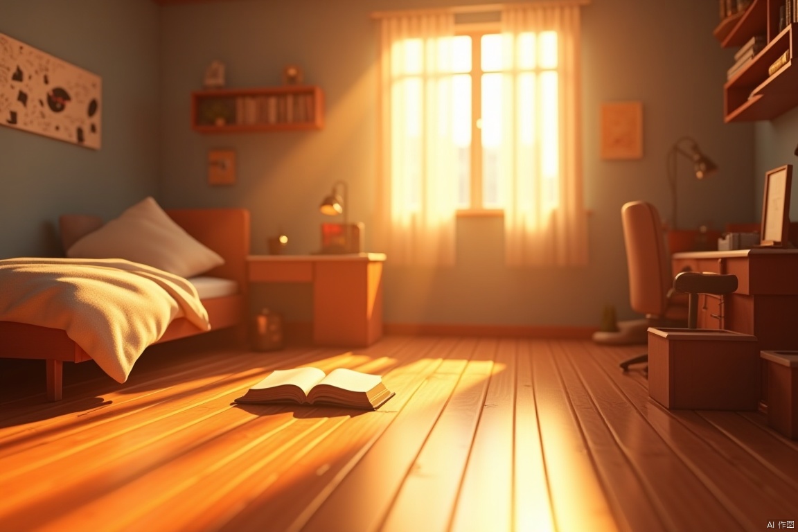 3D rendered,A serene indoor scene: a cozy bedroom with a wooden floor, soft-lit by the warm sunlight streaming through the partially opened curtains. A plush pillow rests against the bed's headboard, where a book lies open, abandoned mid-read. Nearby, a chair and table are neatly arranged, while a desk stands opposite, holding a lamp and a bookshelf. In the distance, a trash can sits beside the bed. The wooden floor creaks slightly as the sunlight casts a gentle glow on the peaceful scenery, with a box and shelf adding depth to the 3D rendered space.