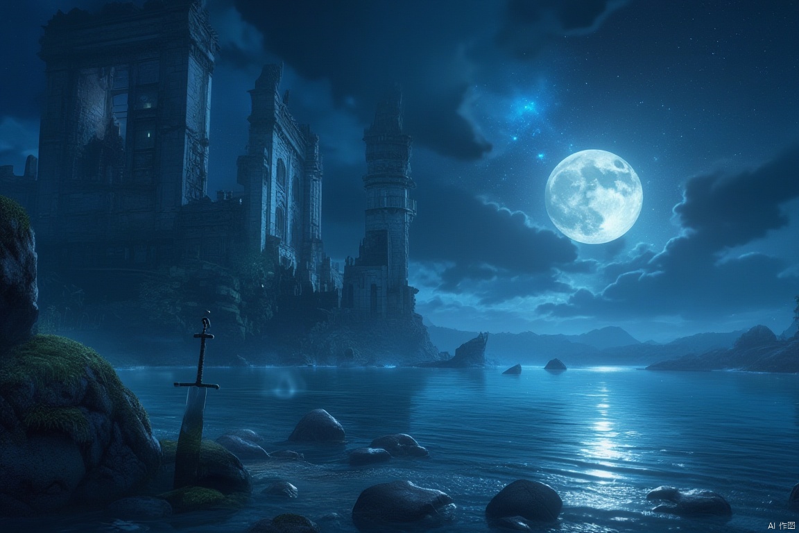 Moonlit Castle Ruins: A full moon casts an ethereal glow on the ancient castle's crumbling facade, as a solitary sword leans against a moss-covered rock, set amidst a serene lake's reflection of the star-studded night sky, with wispy clouds drifting lazily across the celestial canvas.