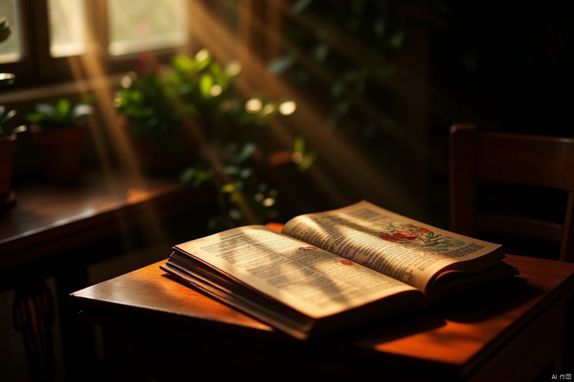 A quiet study area indoors, with a worn leather-bound book lying open on a wooden chair. The warm sunlight streaming through the window casts a gentle glow on the page, highlighting the intricate text and illustrations. A potted plant sits on the adjacent shelf, its lush greenery spilling over the edge, adding a pop of color to the serene scene.