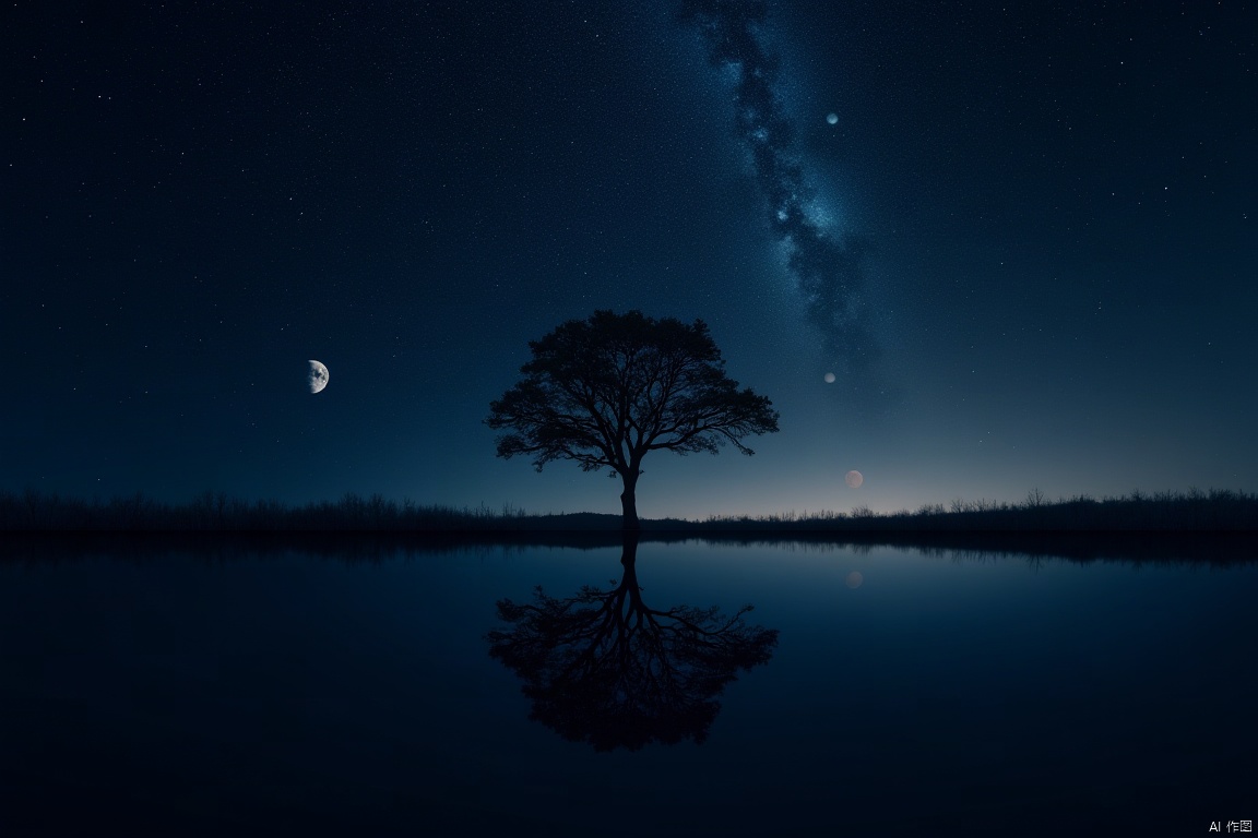 A serene outdoor setting at dusk, with the vast night sky above. The star-studded celestial canvas is reflected perfectly in the calm, dark water below, creating a stunning symmetry. A majestic tree stands tall, its branches stretching towards the moon, while distant planets twinkle like diamonds against the inky blackness.