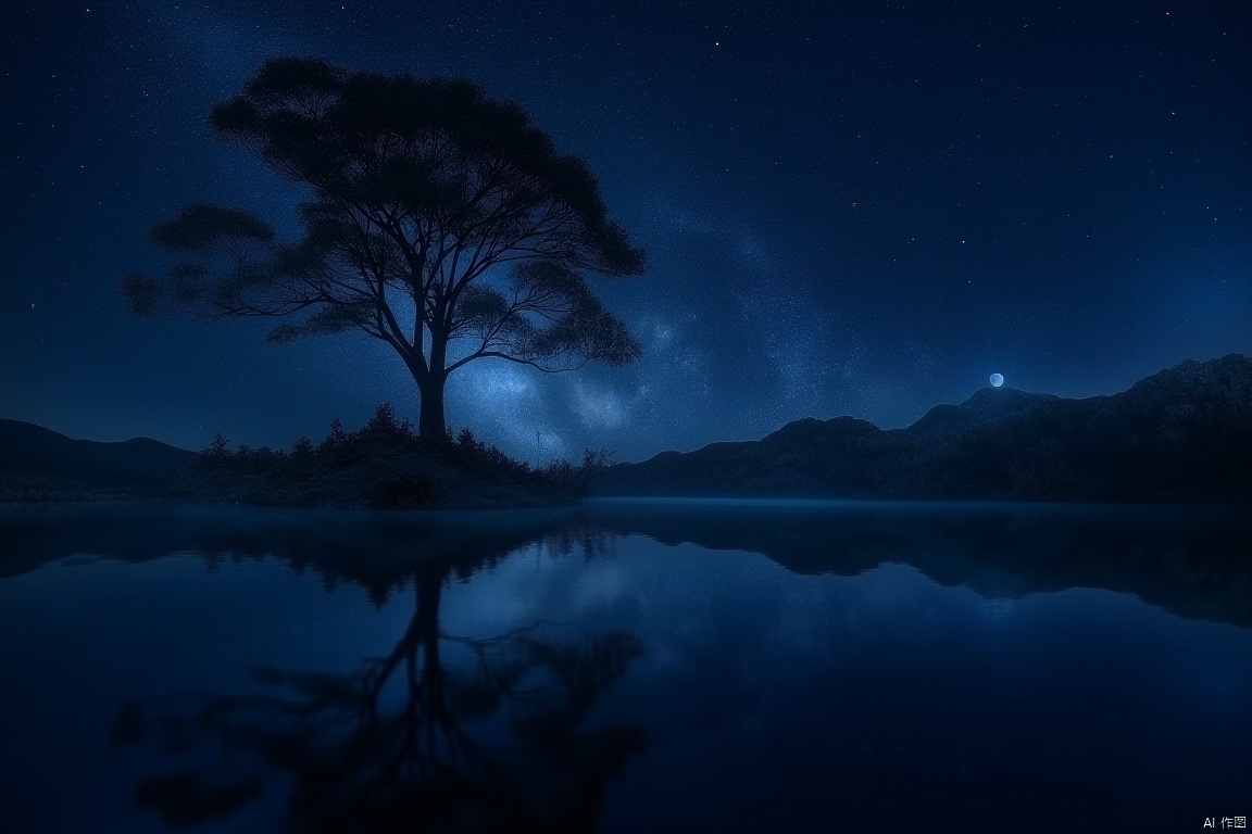 A serene outdoor setting at dusk, with the vast night sky above. The star-studded celestial canvas is reflected perfectly in the calm, dark water below, creating a stunning symmetry. A majestic tree stands tall, its branches stretching towards the moon, while distant planets twinkle like diamonds against the inky blackness.