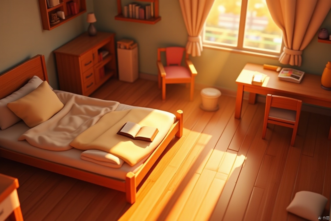 3D rendered,A serene indoor scene: a cozy bedroom with a wooden floor, soft-lit by the warm sunlight streaming through the partially opened curtains. A plush pillow rests against the bed's headboard, where a book lies open, abandoned mid-read. Nearby, a chair and table are neatly arranged, while a desk stands opposite, holding a lamp and a bookshelf. In the distance, a trash can sits beside the bed. The wooden floor creaks slightly as the sunlight casts a gentle glow on the peaceful scenery, with a box and shelf adding depth to the 3D rendered space.