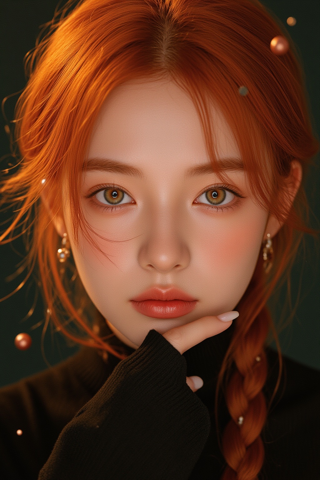 Create an ultra-realistic,  photorealistic image of a stunning anime portrait of a red-haired girl with intense yellow eye...