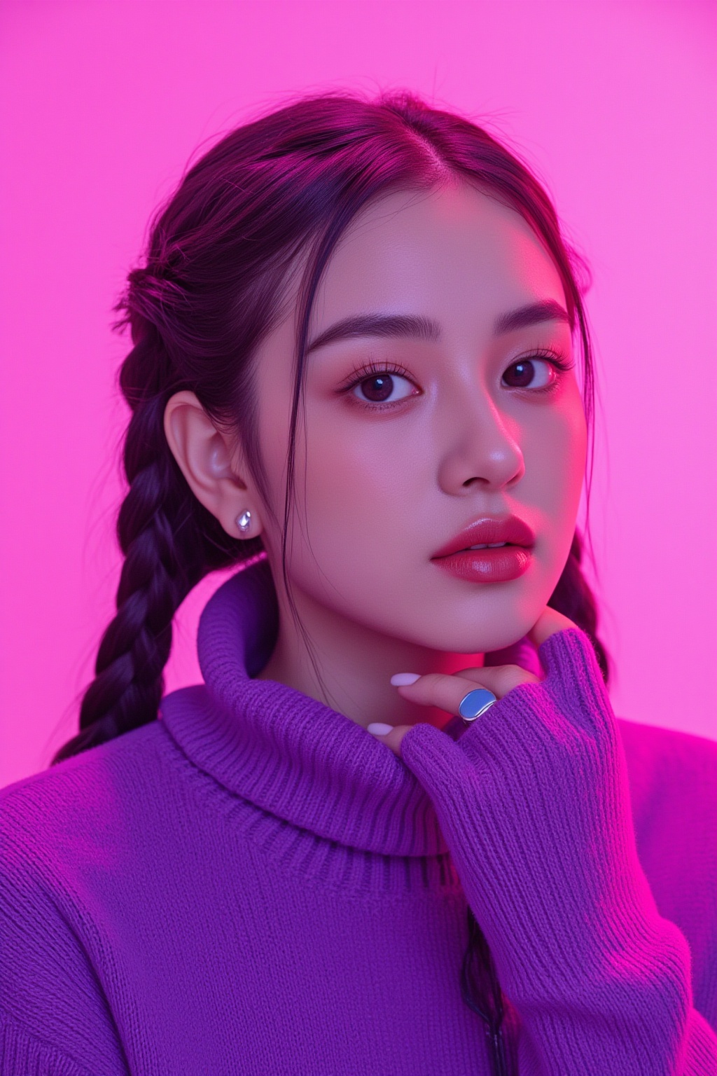 A photorealistic full-body portrait of a stunning 21yo hubggirl with perfect hands. She wears a vibrant purple sweater and...
