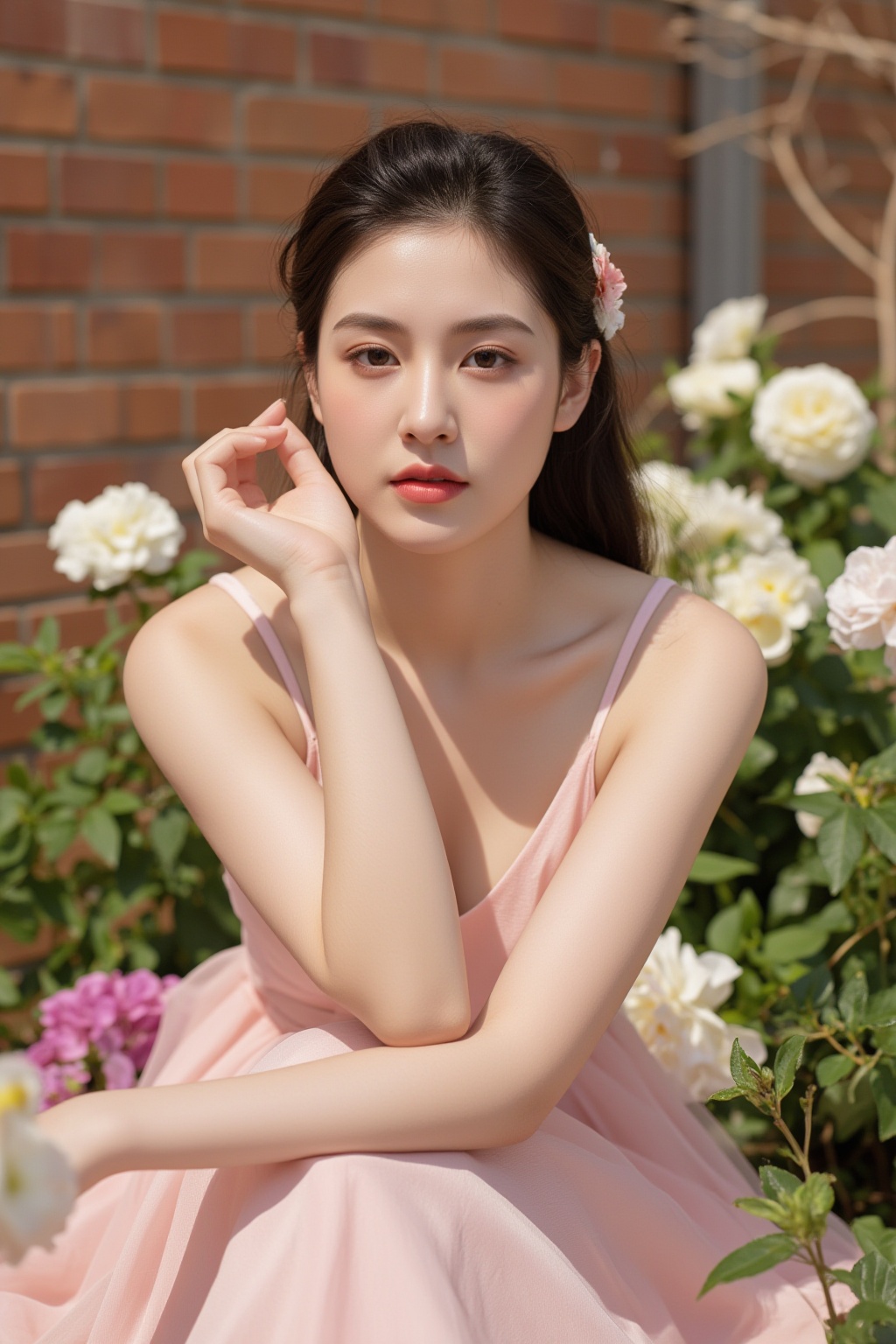 The image features a woman sitting among what appears to be a field of flowers. Her attire consists of a pink dress,  and...