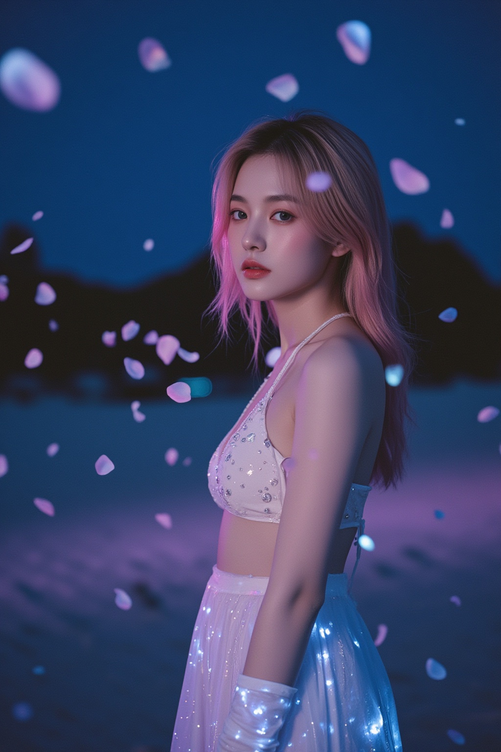 A cinematic masterpiece in the style of Wong Kar-wai. A single girl stands alone on a night scene,  bathed in cool colors...