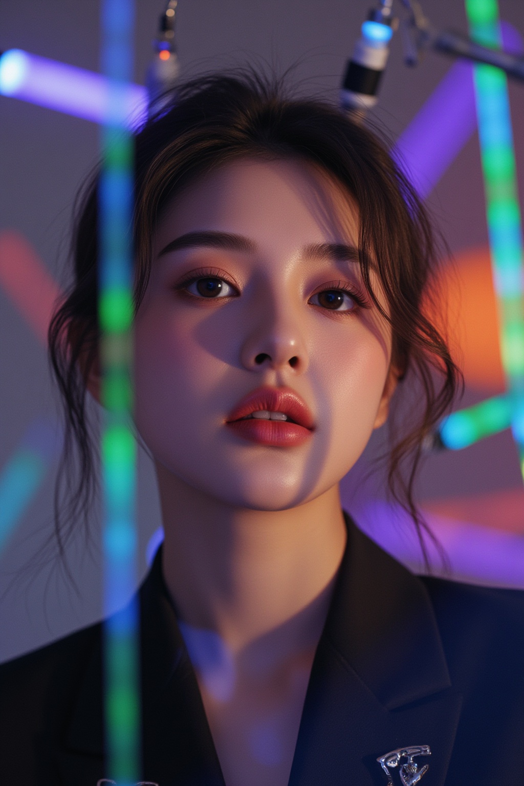 A stunning masterpiece! In a studio setting,  a 21-year-old woman dressed in a Prada school uniform and elegant makeup wit...