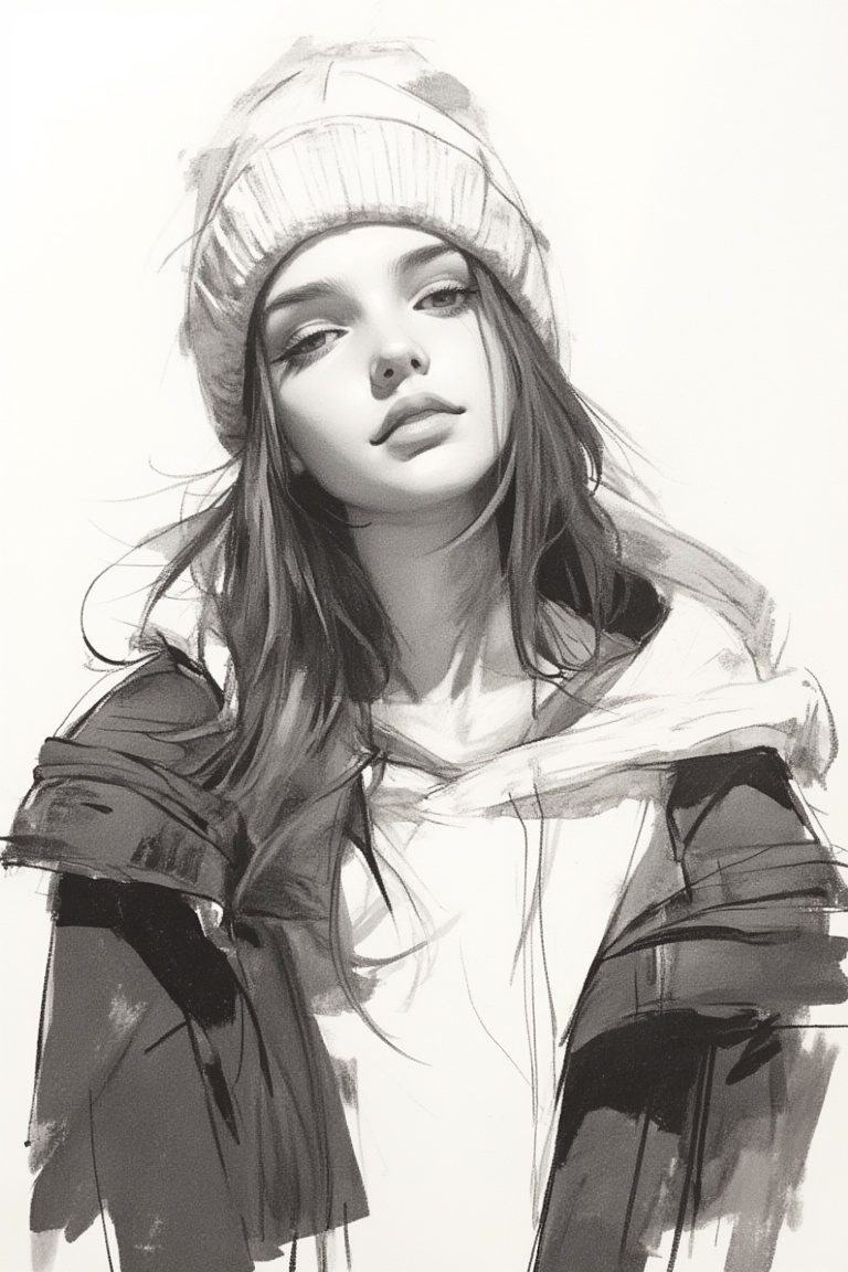 charcoal \(medium\), solo, 1girl, monochrome, hat, greyscale, long hair, hood, lips, looking at viewer, realistic, upper body, simple background, closed mouth, white background, jacket, nose, head tilt, open clothes, eyelashes