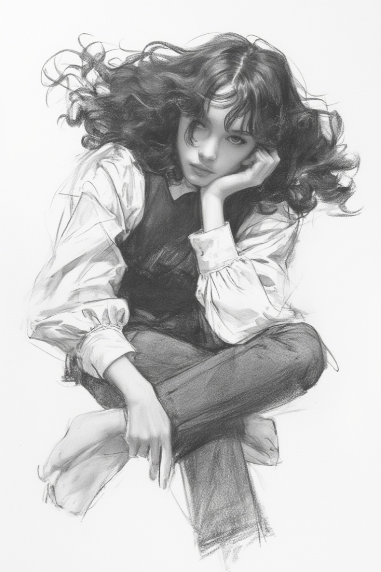 charcoal \(medium\), 1girl, solo, monochrome, greyscale, looking at viewer, sitting, long hair, shirt, head rest, long sleeves, white background, simple background, pants, crossed legs, closed mouth, lips, feet out of frame, realistic, wavy hair, hand up, hand on own face, nose, floating hair, bangs, black hair, medium hair, collared shirt, cropped legs