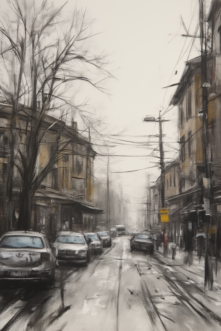 charcoal \(medium\), Detailed backgrounds, streetscapes, cars, street, landscapes, scenery, outdoors,