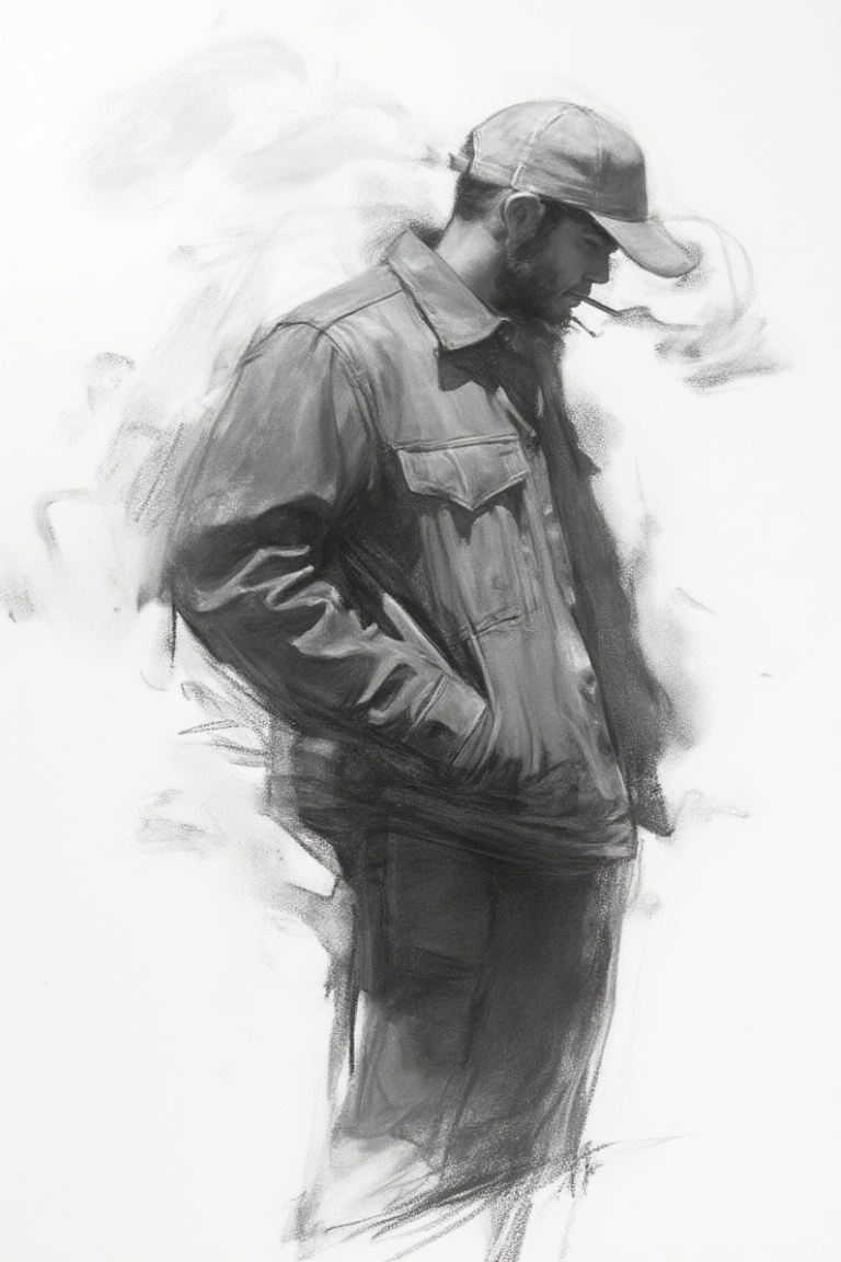 charcoal \(medium\), hat, monochrome, greyscale, solo, 1boy, male focus, jacket, cigarette, white background, pants, baseball cap, open clothes, open jacket, simple background, long sleeves, short hair, signature, shirt, from side, facial hair, cropped legs, profile