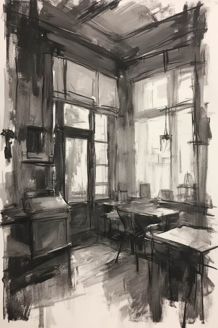 charcoal \(medium\), Detailed backgrounds, scenery, indoors, cafe, 