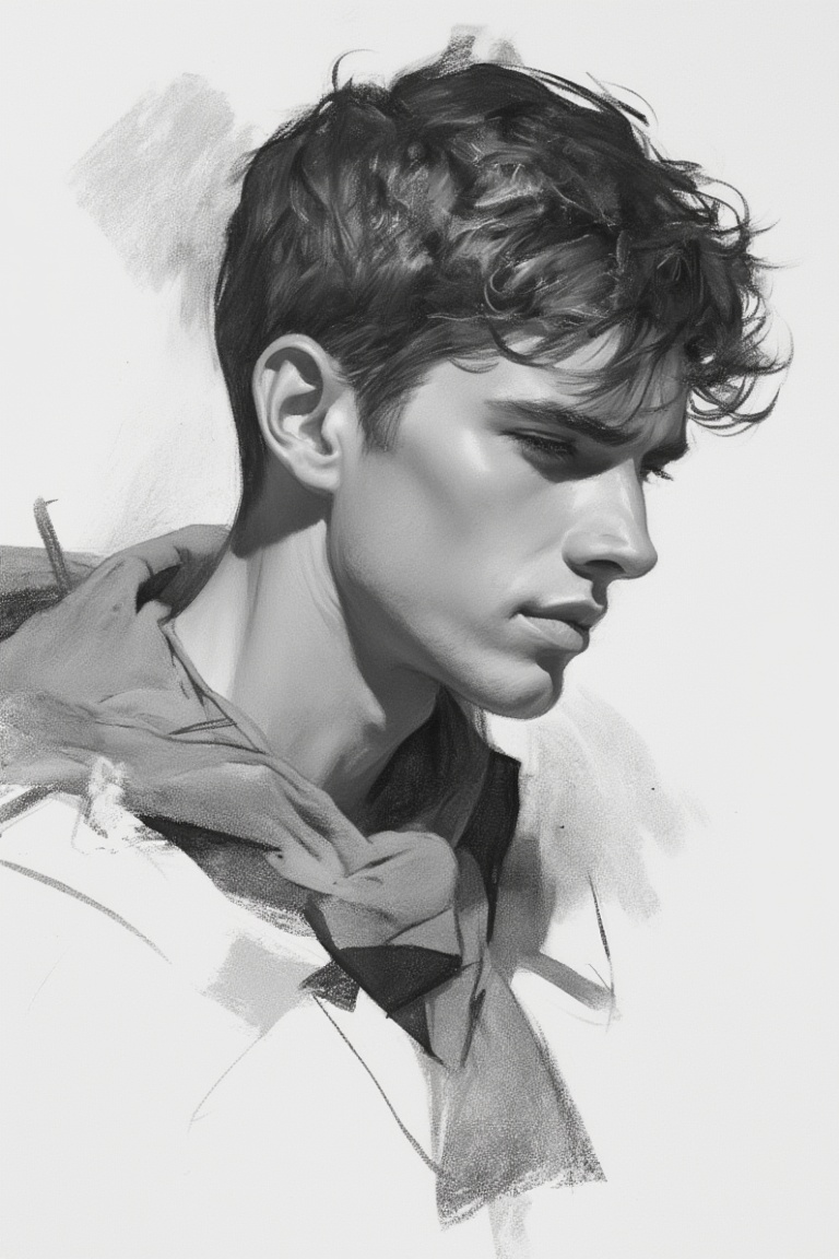 charcoal \(medium\), greyscale, monochrome, 1boy, solo, male focus, portrait, closed mouth, short hair, simple background, realistic, white background, scarf, grey background, bangs, from side, lips, upper body, thick eyebrows, looking to the side, nose, profile, hood