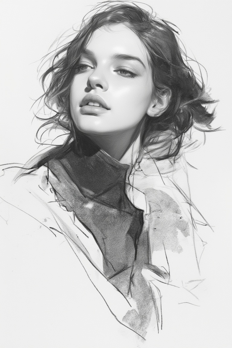 charcoal \(medium\), 1girl, solo, monochrome, portrait, lips, greyscale, looking at viewer, long hair, realistic, nose, closed mouth, hand up, sweater, simple background, eyelashes, upper body, short hair, turtleneck, scarf, looking to the side, parted lips, long sleeves, bangs, floating hair, white background, thick eyebrows, expressionless