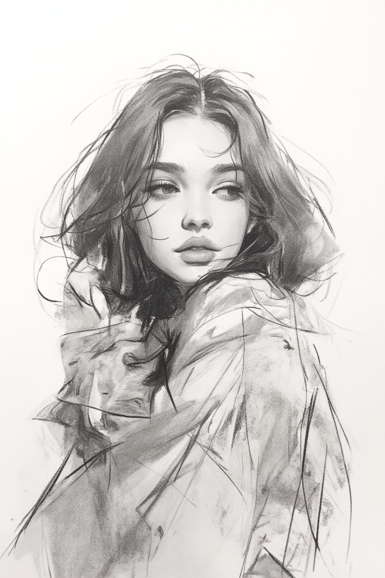 charcoal \(medium\), 1girl, solo, monochrome, portrait, lips, greyscale, looking at viewer, long hair, realistic, nose, closed mouth, hand up, sweater, simple background, eyelashes, upper body, short hair, turtleneck, scarf, looking to the side, parted lips, long sleeves, bangs, floating hair, white background, thick eyebrows, expressionless