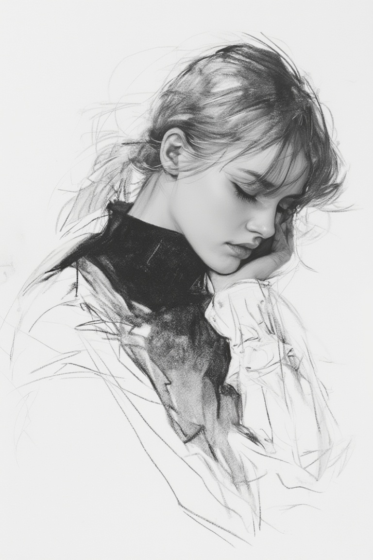 charcoal \(medium\), 1girl, solo, monochrome, greyscale, closed eyes, sweater, upper body, simple background, short hair, head rest, lips, long sleeves, closed mouth, turtleneck, eyelashes, bangs, hand up, medium hair, portrait, nose, hand on own face, (medium), white background, parted lips, hand in own hair, long hair, realistic