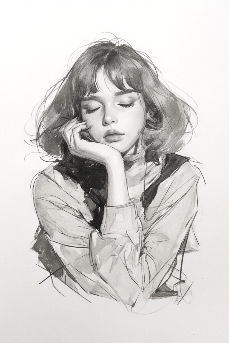 charcoal \(medium\), 1girl, solo, monochrome, greyscale, closed eyes, sweater, upper body, simple background, short hair, head rest, lips, long sleeves, closed mouth, turtleneck, eyelashes, bangs, hand up, medium hair, portrait, nose, hand on own face, (medium), white background, parted lips, hand in own hair, long hair, realistic