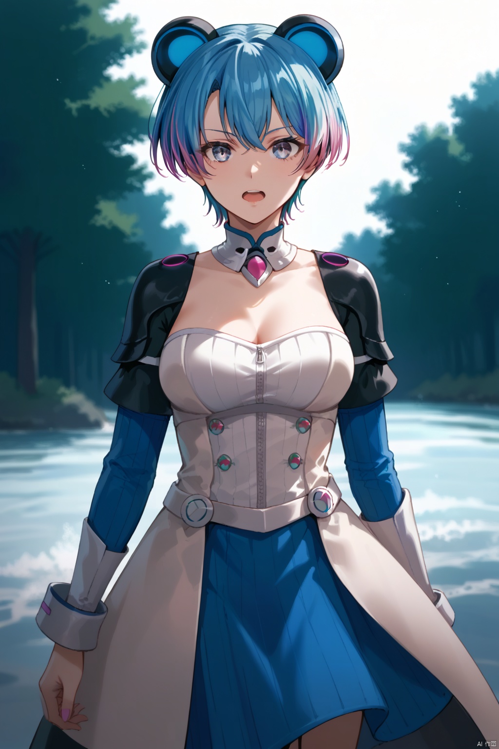 Minetsuki Ritsu,breasts,short hair,open mouth,medium breasts,blue hair,multicolored hair,
