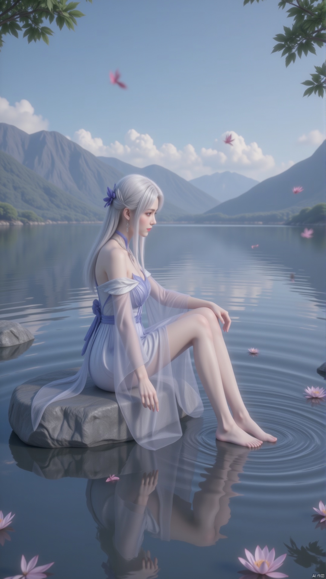 Depth of field, ultra clear, 8k, well structured, masterpiece, surrealism, details, textures, atmosphere
A girl sits on a stone with her back to the audience, washing her feet and partially immersing herself in water with a splashing effect. She has white hair, a white blue dress, necklace, earrings, jewelry, off the shoulder, wide sleeves, bare feet, and a slight smile,
During the day, blue sky, clear lake water, lotus flowers, stones, fallen leaves, leaves and petals on the water surface, butterflies, mountains