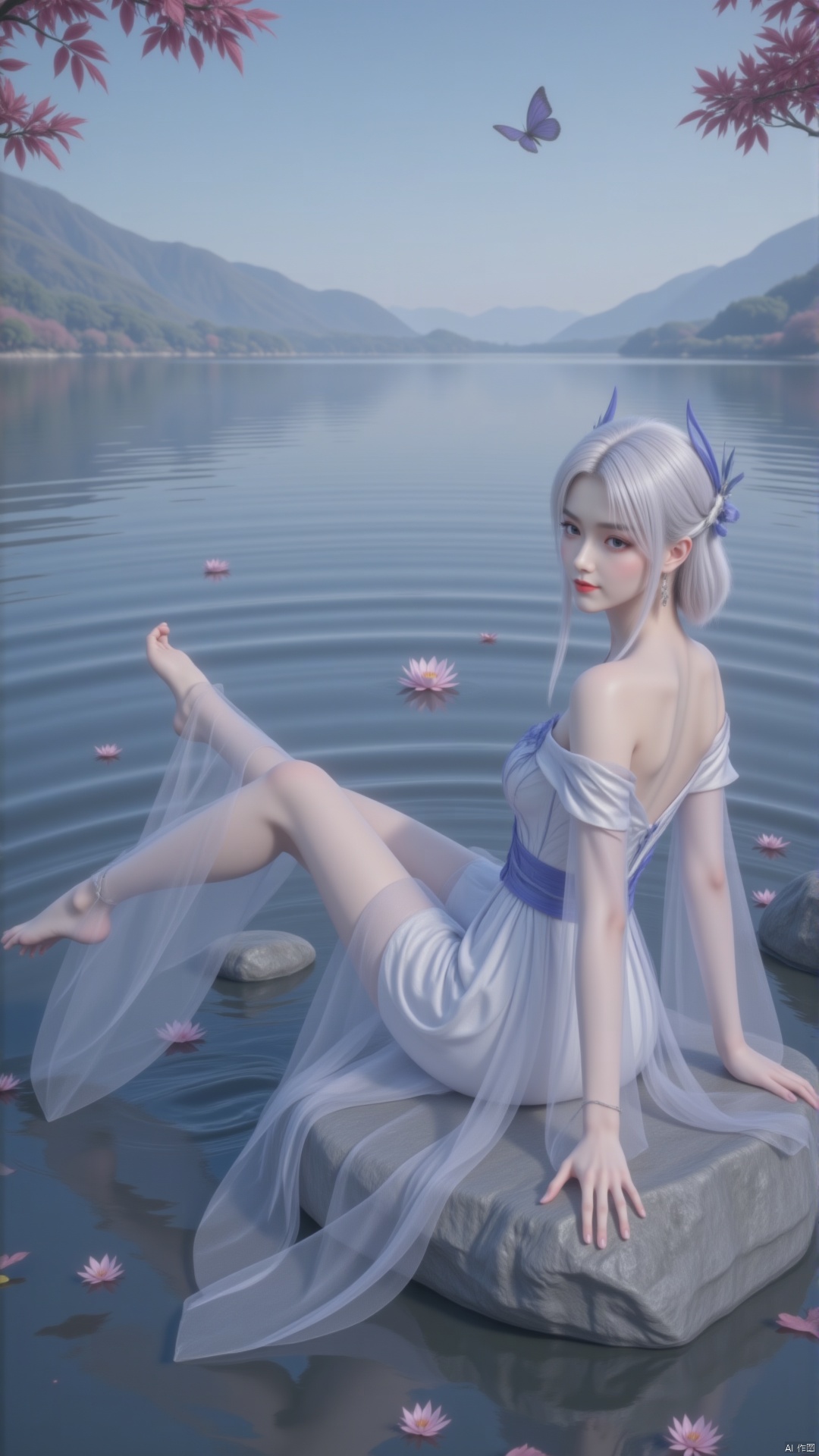 Depth of field, ultra clear, 8k, well structured, masterpiece, surrealism, details, textures, atmosphere
A girl sits on a stone with her back to the audience, washing her feet and partially immersing herself in water with a splashing effect. She has white hair, a white blue dress, necklace, earrings, jewelry, off the shoulder, wide sleeves, bare feet, and a slight smile,
During the day, blue sky, clear lake water, lotus flowers, stones, fallen leaves, leaves and petals on the water surface, butterflies, mountains