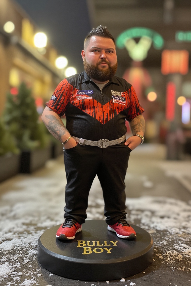 This is a high-resolution photograph of a detailed,  miniature action figure of Michael Smith,  standing on a round on Ten...