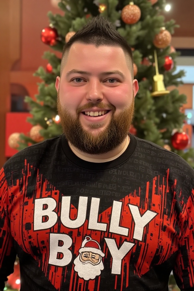 The image is a high-resolution photograph of Michael Smith,  smiling at the viewer,  wearing a Christmas themed sweater wi...