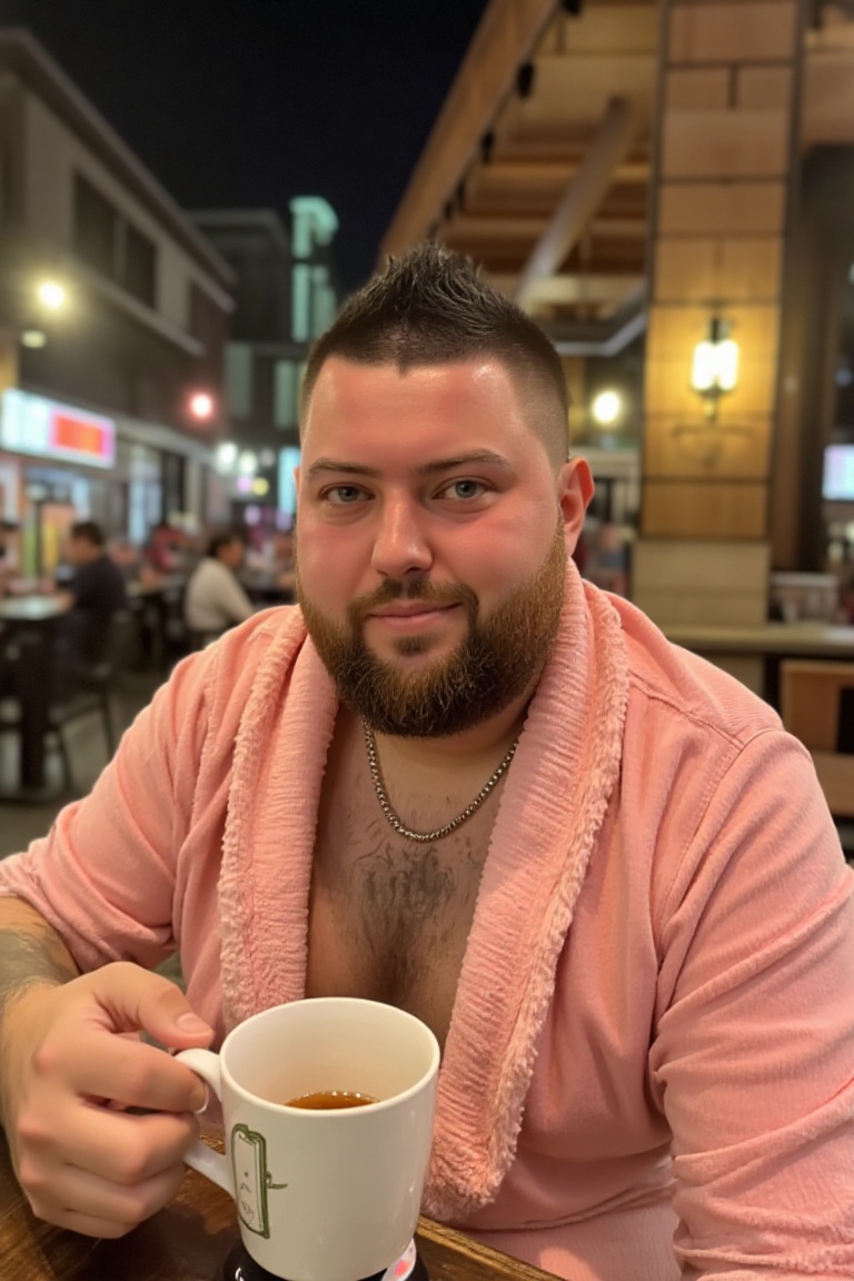 The image is a high-resolution photograph of Michael Smith sitting at an outdoor bar at night. He is wearing a pink dressi...