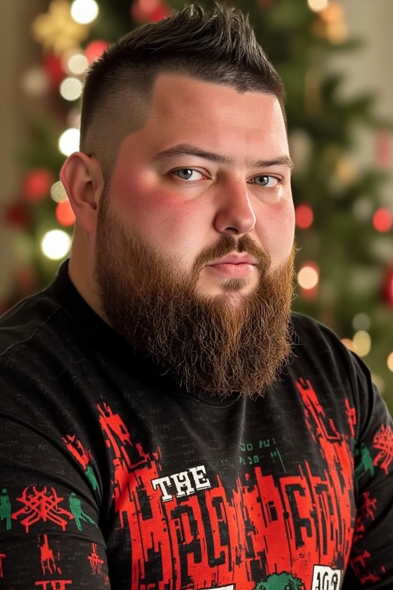 The image is a high-resolution photograph of Michael Smith,  wearing a Christmas themed sweater with the words "THE BULLY...