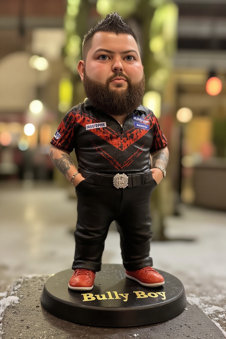 This is a high-resolution photograph of a detailed,  miniature action figure of Michael Smith,  standing on a round on Ten...