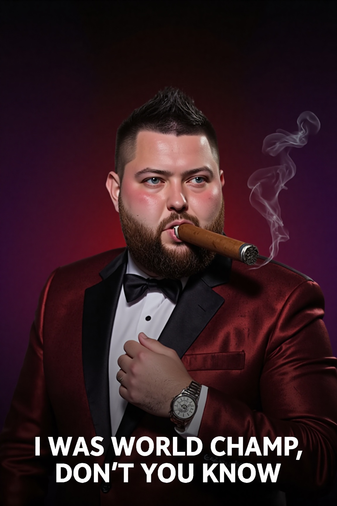 The image is a high-resolution profile photograph of a man dressed in a formal,  dark red suit with a black satin lapel an...