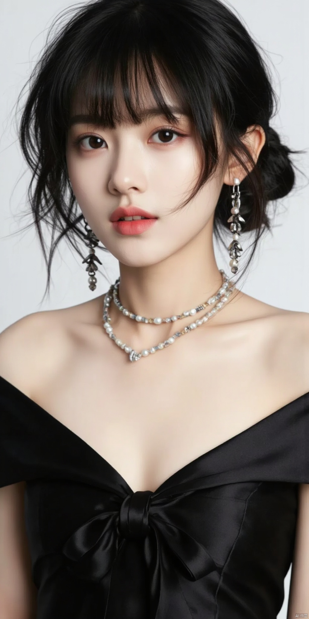 1girl, solo, short hair, black hair, dress, bare shoulders, jewelry, earrings, parted lips, necklace, black eyes, lips, realistic, nose, pearl necklace