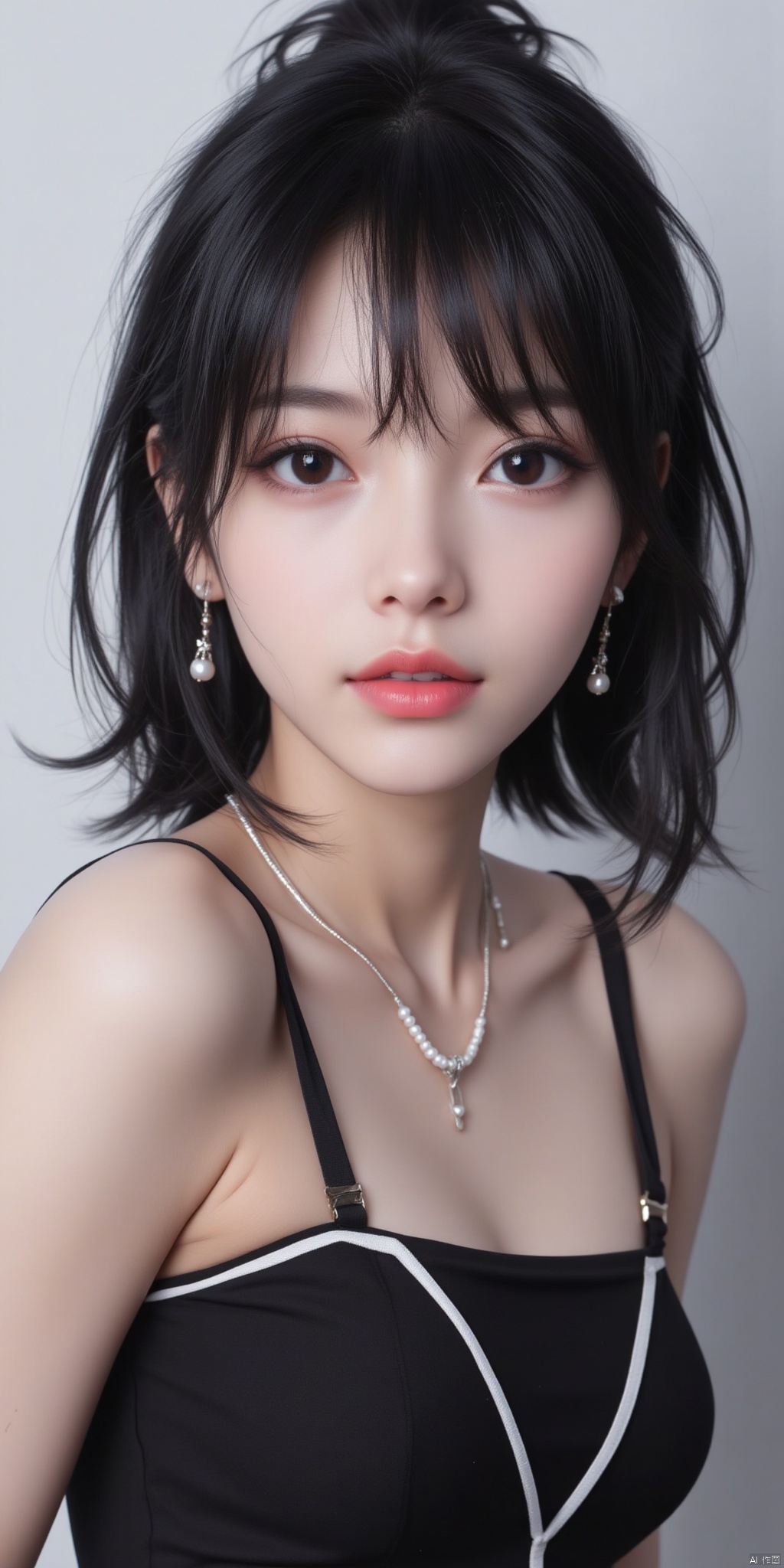 1girl, solo, short hair, black hair, dress, bare shoulders, jewelry, earrings, parted lips, necklace, black eyes, lips, realistic, nose, pearl necklace