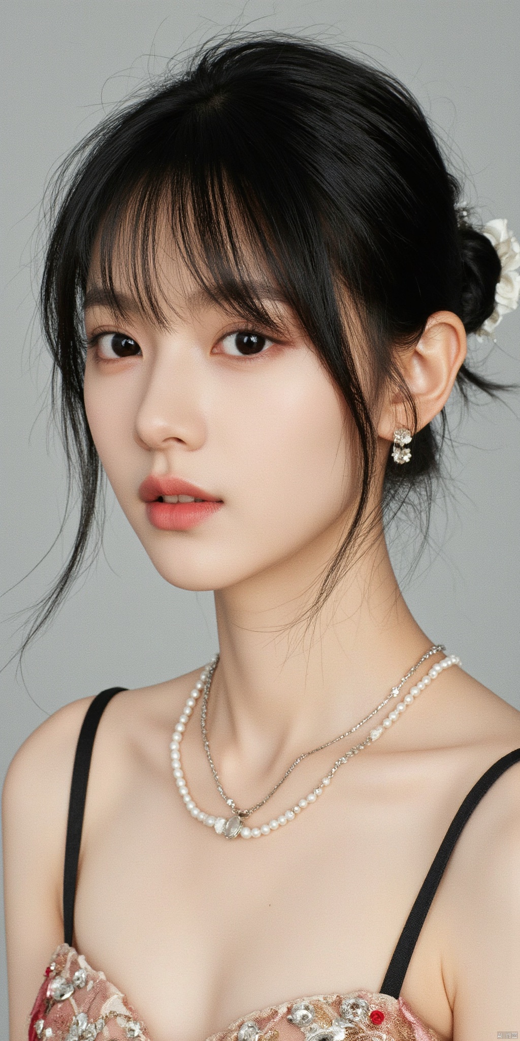 1girl, solo, short hair, black hair, dress, bare shoulders, jewelry, earrings, parted lips, necklace, black eyes, lips, realistic, nose, pearl necklace