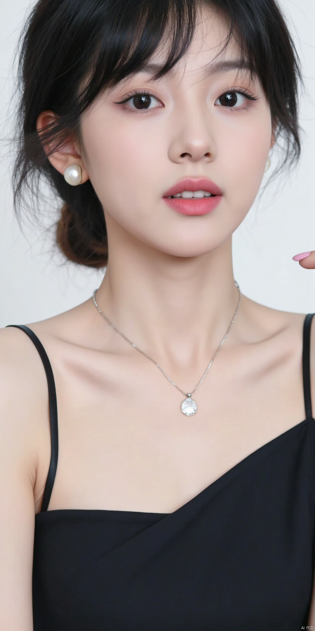 1girl, solo, short hair, black hair, dress, bare shoulders, jewelry, earrings, parted lips, necklace, black eyes, lips, realistic, nose, pearl necklace