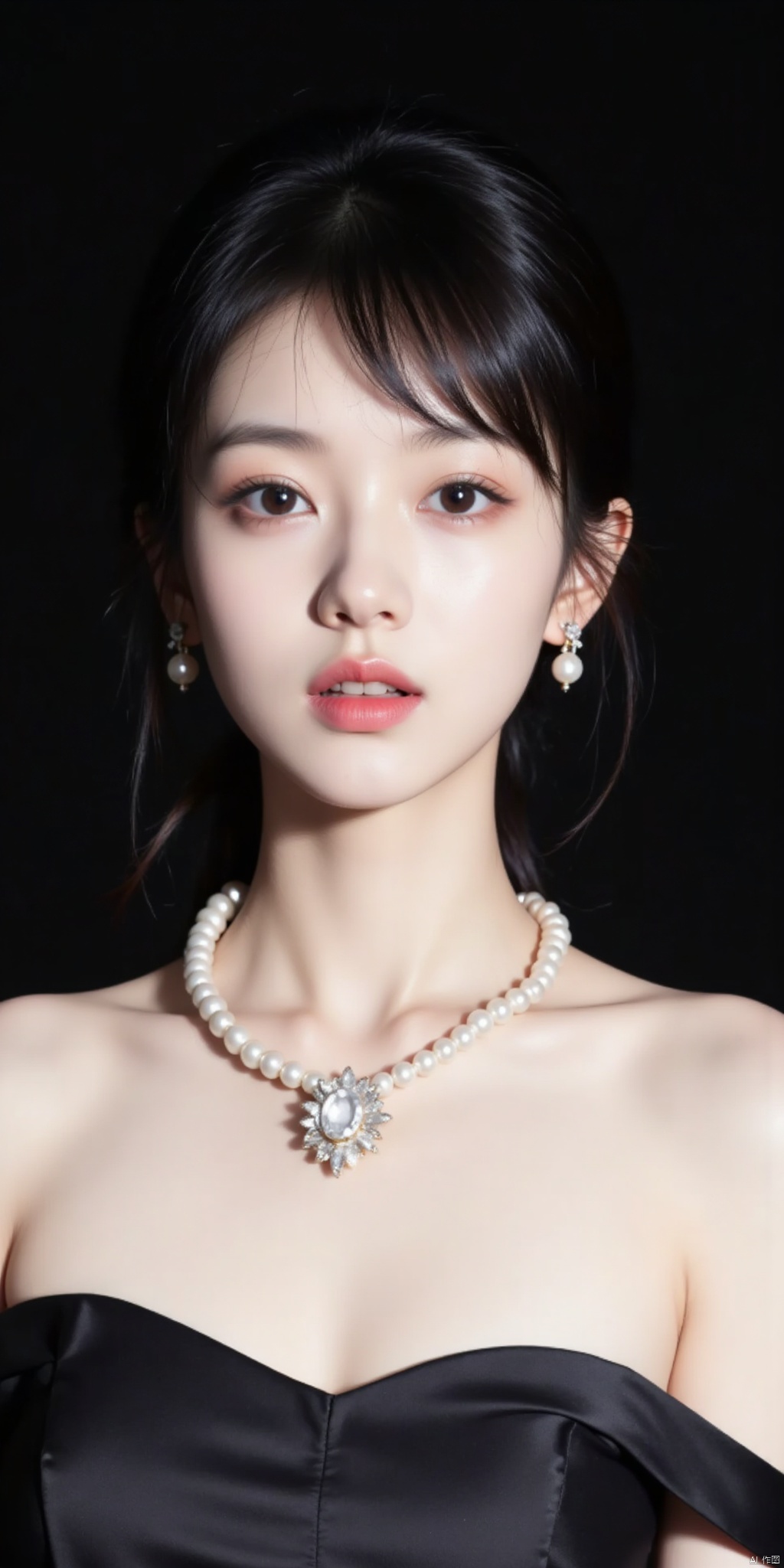 1girl, solo, short hair, black hair, dress, bare shoulders, jewelry, earrings, parted lips, necklace, black eyes, lips, realistic, nose, pearl necklace