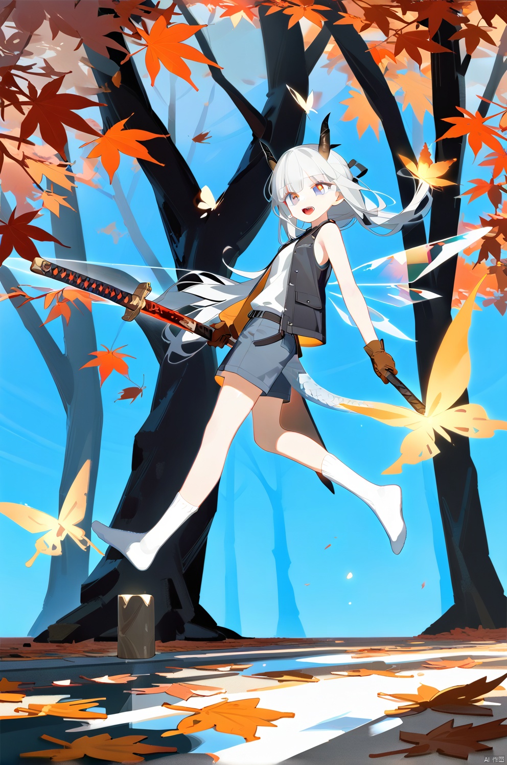 (masterpiece),(best quality),illustration,ultra detailed,hdr,Depth of field,(colorful),artist:wanke,artist:tianliang duohe fangdongye,bright outline,1girl, solo,dragon girl,slit pupils,blue pupils,glowing eyes,horns,long hair, floating hair, white hair, dragon tail, shiny butterfly, glowing butterfly, soft lawn, warm colors, Tyndall effect, Tyndall light, white long shirt, black sleeveless jacket, orange transparent sleeves, transparent Ceiling, fallen leaves, maple leaves, autumn, between two rows of trees there is a road filled with fallen leaves, in the middle of the road there is a beam of light shining on a sword stuck in the ground, sacred, ancient, side shot, wide angle shot, shorts, stepping Foot socks, hanging,transparent,transparent wings,Leather gloves, sharp teeth, mouth drool, clear glass strips, ancient wooden swords engraved with golden runes, foot socks, light gray foot socks, the bottom of the foot socks fades to black,bichu