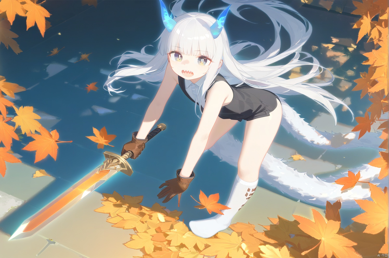 (masterpiece),(best quality),illustration,ultra detailed,hdr,Depth of field,(colorful),artist:wanke,artist:tianliang duohe fangdongye,bright outline,1girl, solo,dragon girl,slit pupils,blue pupils,glowing eyes,horns,long hair, floating hair, white hair, dragon tail, shiny butterfly, glowing butterfly, soft lawn, warm colors, Tyndall effect, Tyndall light, white long shirt, black sleeveless jacket, orange transparent sleeves, transparent Ceiling, fallen leaves, maple leaves, autumn, between two rows of trees there is a road filled with fallen leaves, in the middle of the road there is a beam of light shining on a sword stuck in the ground, sacred, ancient, side shot, wide angle shot, shorts, stepping Foot socks, hanging,transparent,transparent wings,Leather gloves, sharp teeth, mouth drool, clear glass strips, ancient wooden swords engraved with golden runes, foot socks, light gray foot socks, the bottom of the foot socks fades to black