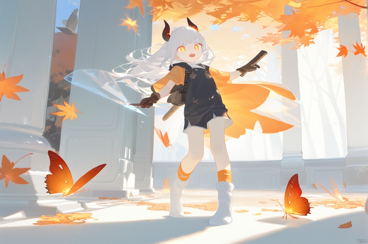(masterpiece),(best quality),illustration,ultra detailed,hdr,Depth of field,(colorful),artist:wanke,artist:tianliang duohe fangdongye,bright outline,1girl, solo,dragon girl,slit pupils,blue pupils,glowing eyes,horns,long hair, floating hair, white hair, dragon tail, shiny butterfly, glowing butterfly, soft lawn, warm colors, Tyndall effect, Tyndall light, white long shirt, black sleeveless jacket, orange transparent sleeves, transparent Ceiling, fallen leaves, maple leaves, autumn, between two rows of trees there is a road filled with fallen leaves, in the middle of the road there is a beam of light shining on a sword stuck in the ground, sacred, ancient, side shot, wide angle shot, shorts, stepping Foot socks, hanging,transparent,transparent wings,Leather gloves, sharp teeth, mouth drool, clear glass strips, ancient wooden swords engraved with golden runes, foot socks, light gray foot socks, the bottom of the foot socks fades to black