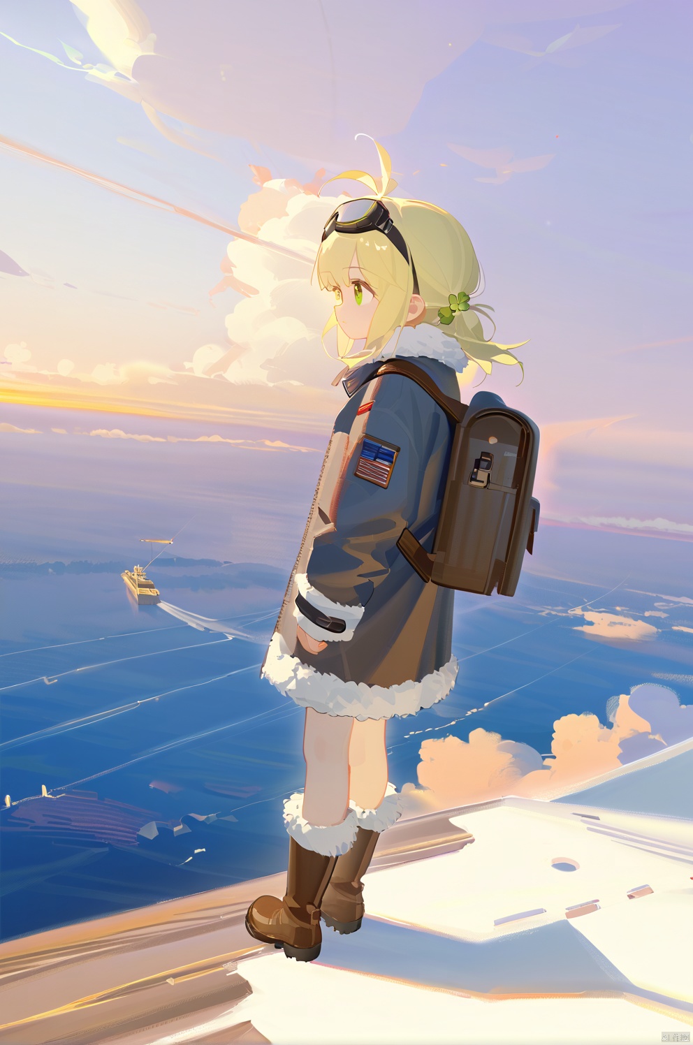 masterpiece,best quality,illustration,ultra detailed,hdr,Depth of field,(colorful),artist:tianliang duohe fangdongye,bright outline,1girl, solo, bomber jacket, pilot coat, goggles on the head, white long hair, Green eyes , four-leaf clover, wind-blown clothes, leather boots, leather material, bare legs, brown backpack, walkie-talkie, antenna, scout, exploration, signal transmitter, sunset, setting sun, Tyndall light, horizon, ultimate color, melancholy expression, the girl looks into the distance, parachute, cumulonimbus, clouds, aerial view, distant view, airship, hyperdetail, nature landscape, clouds,