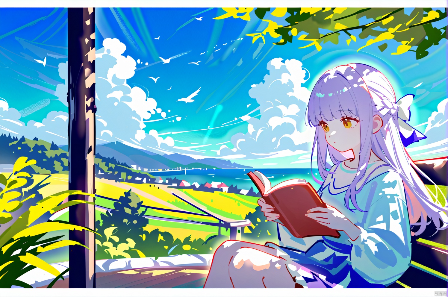 breadman style,a girl named fern from sousou no freiren series,reading a book,sunny day,wind,day,amazing quality,very beautiful color,by iamuu,aesthetic,birds,beautiful scenery,PVC Style, onnk