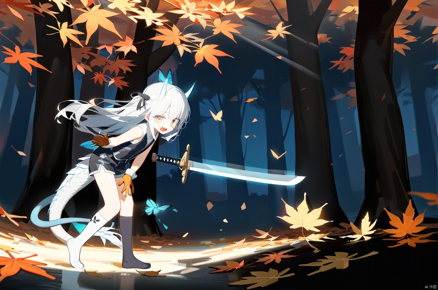 (masterpiece),(best quality),illustration,ultra detailed,hdr,Depth of field,(colorful),artist:wanke,artist:tianliang duohe fangdongye,bright outline,1girl, solo,dragon girl,slit pupils,blue pupils,glowing eyes,horns,long hair, floating hair, white hair, dragon tail, shiny butterfly, glowing butterfly, soft lawn, warm colors, Tyndall effect, Tyndall light, white long shirt, black sleeveless jacket, orange transparent sleeves, transparent Ceiling, fallen leaves, maple leaves, autumn, between two rows of trees there is a road filled with fallen leaves, in the middle of the road there is a beam of light shining on a sword stuck in the ground, sacred, ancient, side shot, wide angle shot, shorts, stepping Foot socks, hanging,transparent,transparent wings,Leather gloves, sharp teeth, mouth drool, clear glass strips, ancient wooden swords engraved with golden runes, foot socks, light gray foot socks, the bottom of the foot socks fades to black,bichu