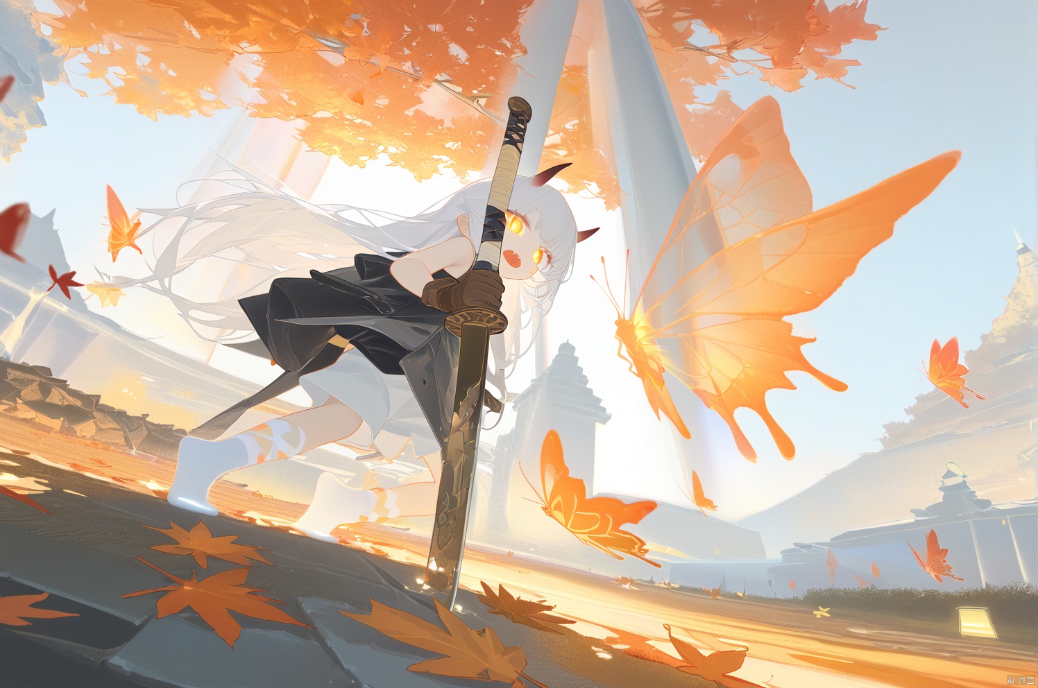 (masterpiece),(best quality),illustration,ultra detailed,hdr,Depth of field,(colorful),artist:wanke,artist:tianliang duohe fangdongye,bright outline,1girl, solo,dragon girl,slit pupils,blue pupils,glowing eyes,horns,long hair, floating hair, white hair, dragon tail, shiny butterfly, glowing butterfly, soft lawn, warm colors, Tyndall effect, Tyndall light, white long shirt, black sleeveless jacket, orange transparent sleeves, transparent Ceiling, fallen leaves, maple leaves, autumn, between two rows of trees there is a road filled with fallen leaves, in the middle of the road there is a beam of light shining on a sword stuck in the ground, sacred, ancient, side shot, wide angle shot, shorts, stepping Foot socks, hanging,transparent,transparent wings,Leather gloves, sharp teeth, mouth drool, clear glass strips, ancient wooden swords engraved with golden runes, foot socks, light gray foot socks, the bottom of the foot socks fades to black
